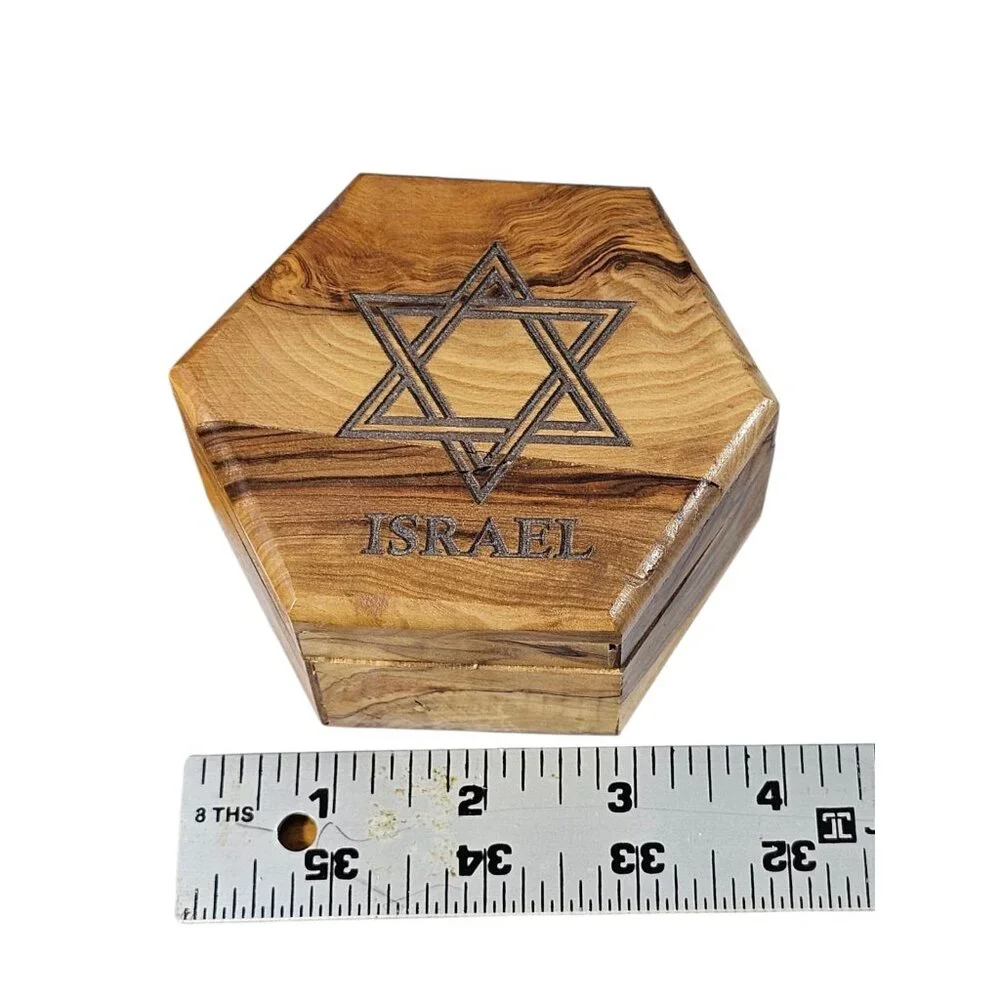 Handcrafted Olive Wood Jewelry Trinket Box Star of David Israel Hexagon Felt